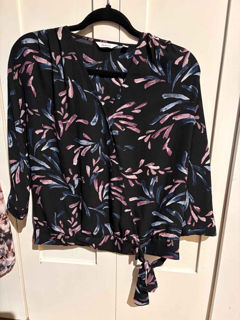 Pink & Blue Leaf Print Wrap Blouse - Women